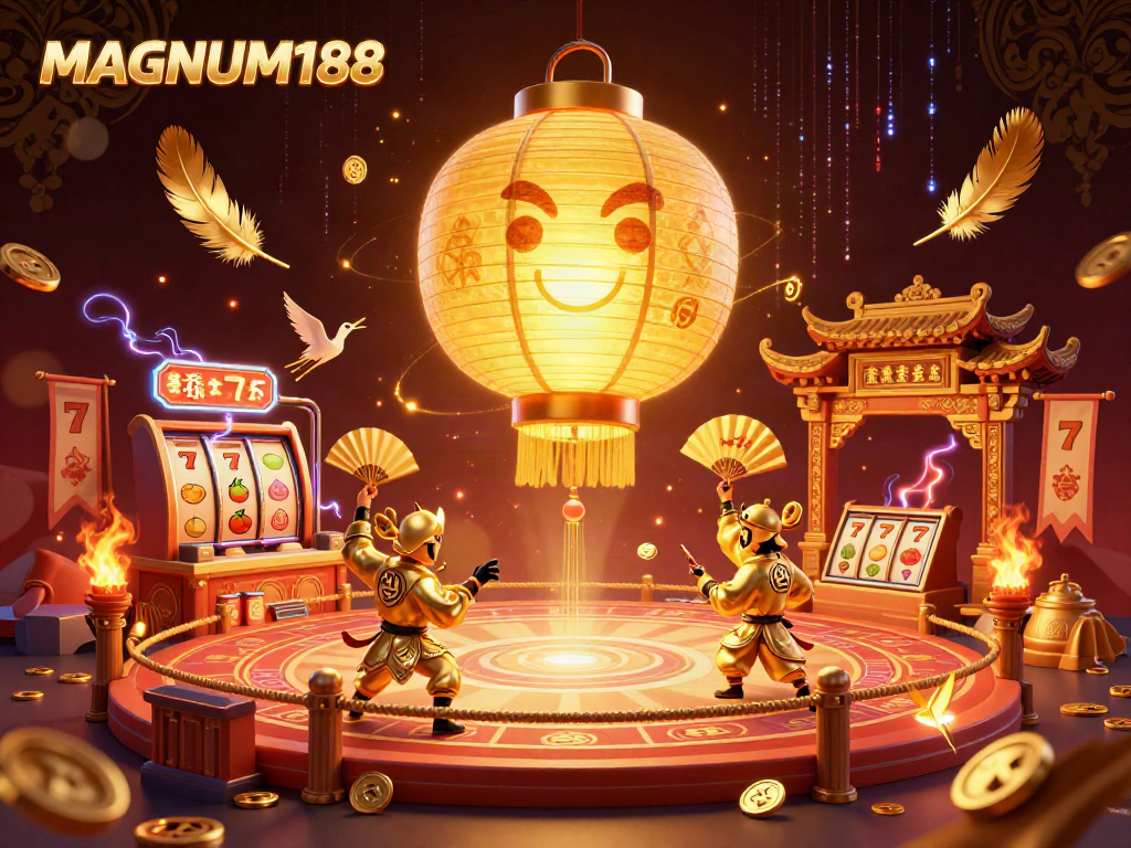 Experience winning moments at MAGNUM188 with a vibrant casino illustration featuring dynamic game elements.