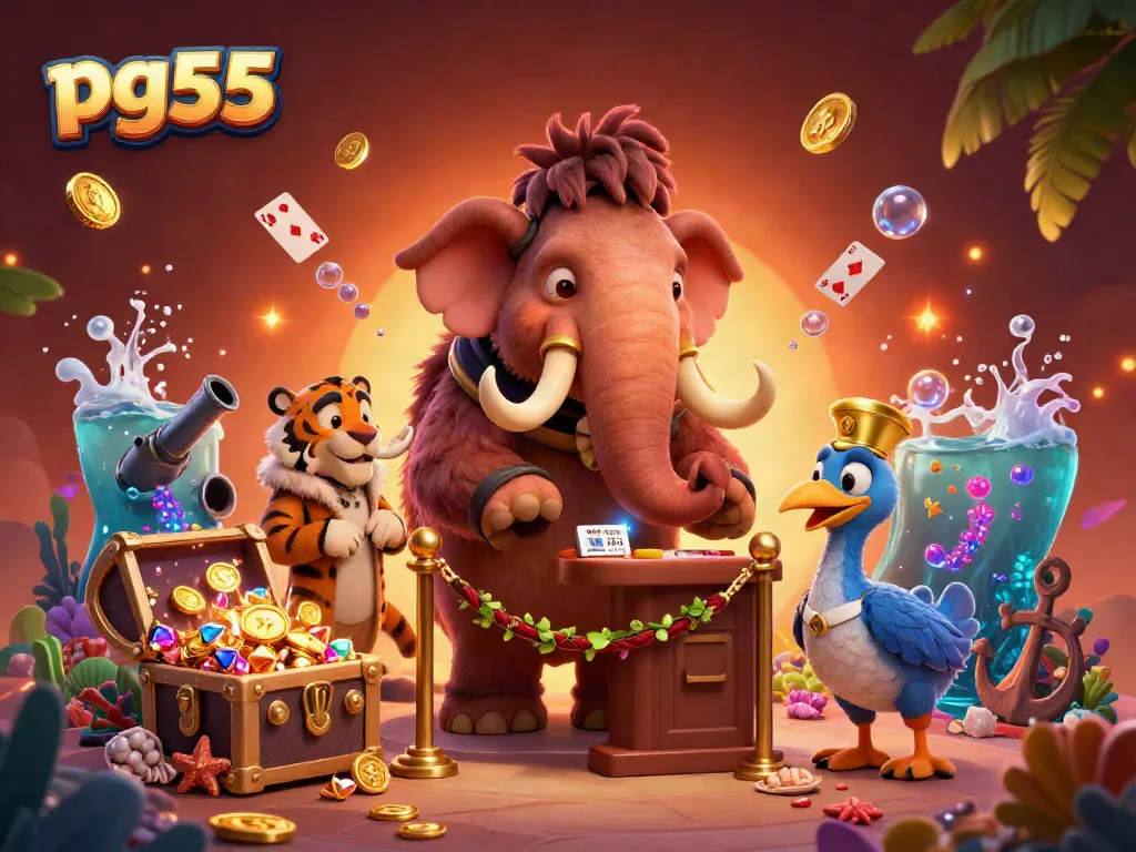 Experience the thrilling world of pg55 as a stylish woolly mammoth checks IDs at the casino entrance, surrounded by casino elements.