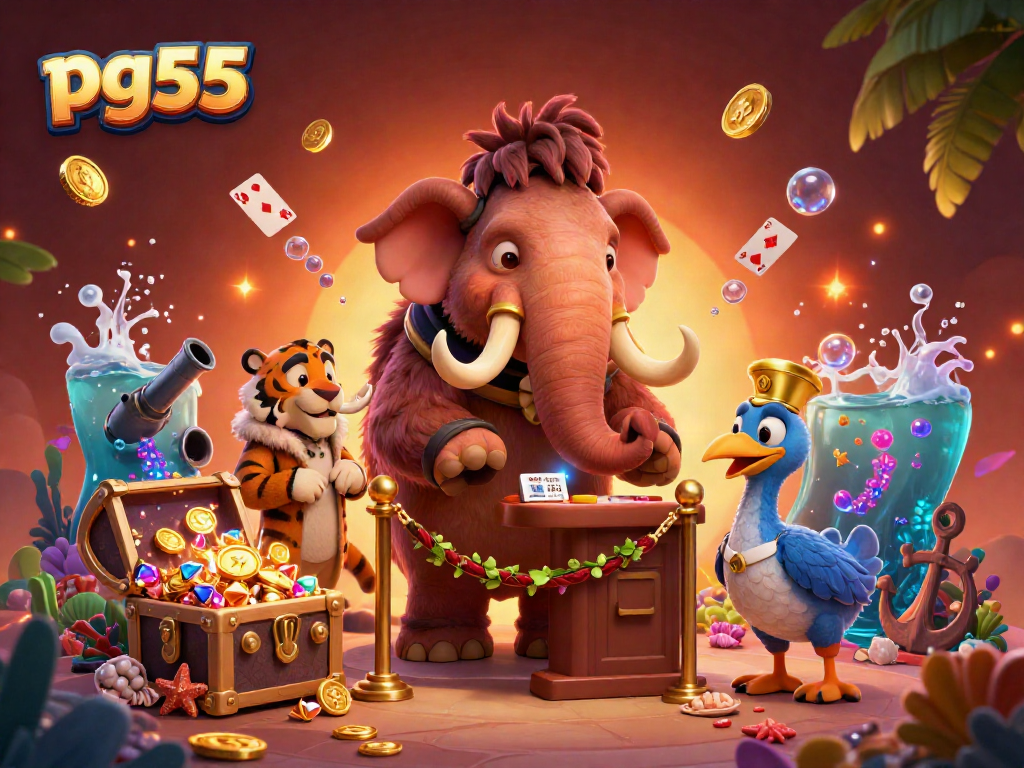 Experience the thrilling world of pg55 as a stylish woolly mammoth checks IDs at the casino entrance, surrounded by casino elements.