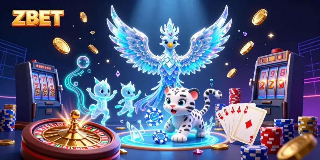 ZBET showcases a captivating 3D illustration featuring colorful casino characters amidst shimmering coins and vibrant game elements.