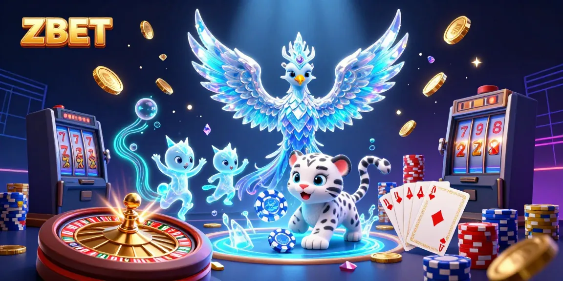 ZBET showcases a captivating 3D illustration featuring colorful casino characters amidst shimmering coins and vibrant game elements.
