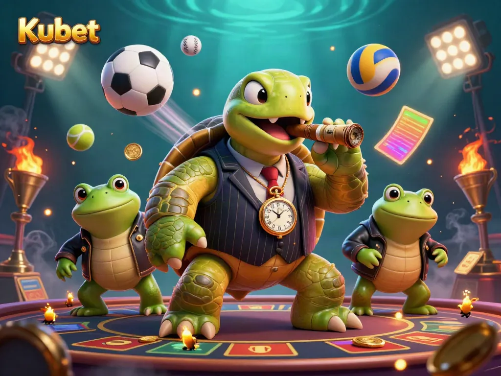 Kubet's dynamic casino scene featuring a snapping turtle mobster and bullfrog enforcers amidst 3D sports elements.