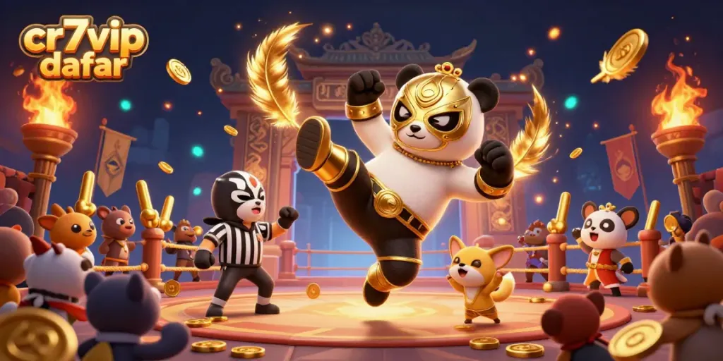 Ilustrasi menarik dari cr7vip daftar dengan panda pegulat dan penonton hewan bersemangat.