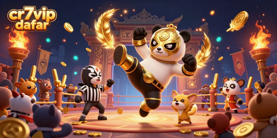 Ilustrasi menarik dari cr7vip daftar dengan panda pegulat dan penonton hewan bersemangat.