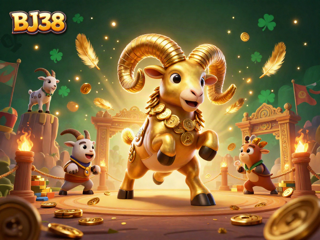 Bet on BJ38 as a golden ram charges through a vibrant, dynamic casino scene.