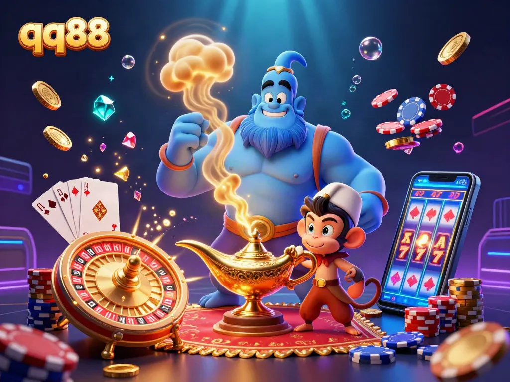 Experience the thrills of qq88 with a dynamic 3D casino scene featuring a blue genie, poker chips, and golden treasures.