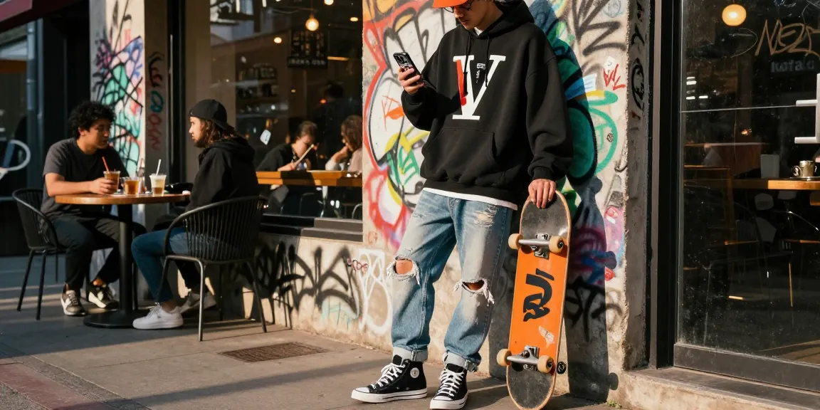 Vlone.co stylish streetwear fashion scene featuring oversized hoodies and urban culture.
