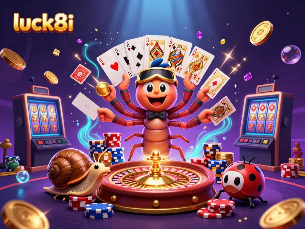 Experience the thrill of luck8i with a vibrant 3D casino scene featuring playful characters and casino elements.