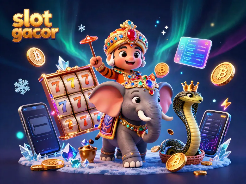 Experience slot gacor excitement with a vibrant 3D cartoon scene featuring a tiger, elephant, and crypto elements.