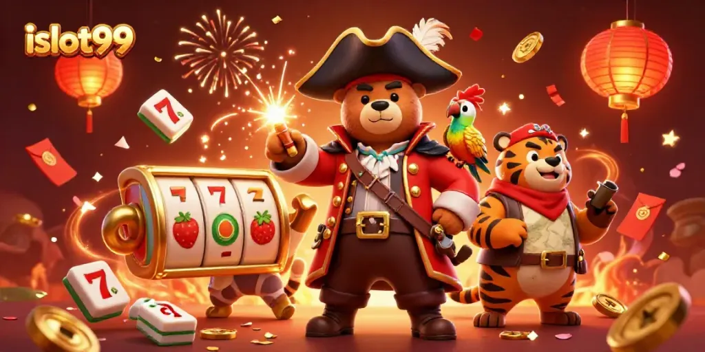 Experience the thrilling world of islot99 with vibrant 3D casino elements, including slots and festive confetti.