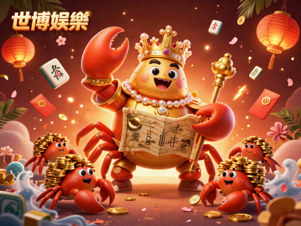 在世博娛樂玩樂，金色大螃蟹皇帝和小螃蟹們一起慶祝，四周裝飾著燈籠、紅包和麻將牌。