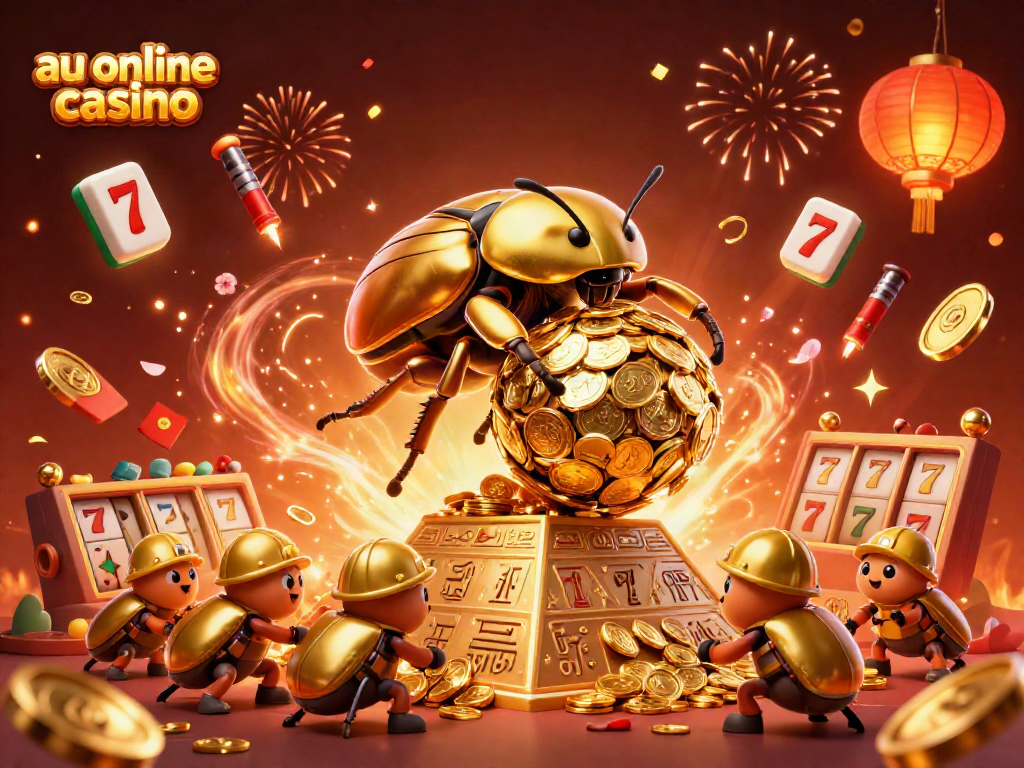 Experience the excitement of the au online casino with golden beetles pushing coins, dynamic gaming elements, and a festive backdrop.