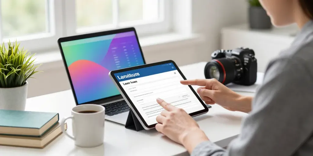 Apply for loans online at https://www.putraloan.com/en/ in a modern home office environment, showcasing finance and technology.