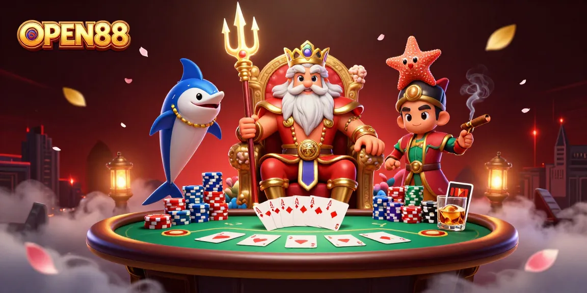 Engage with OPEN88 as Neptune oversees a vibrant poker scene filled with dynamic gaming elements.