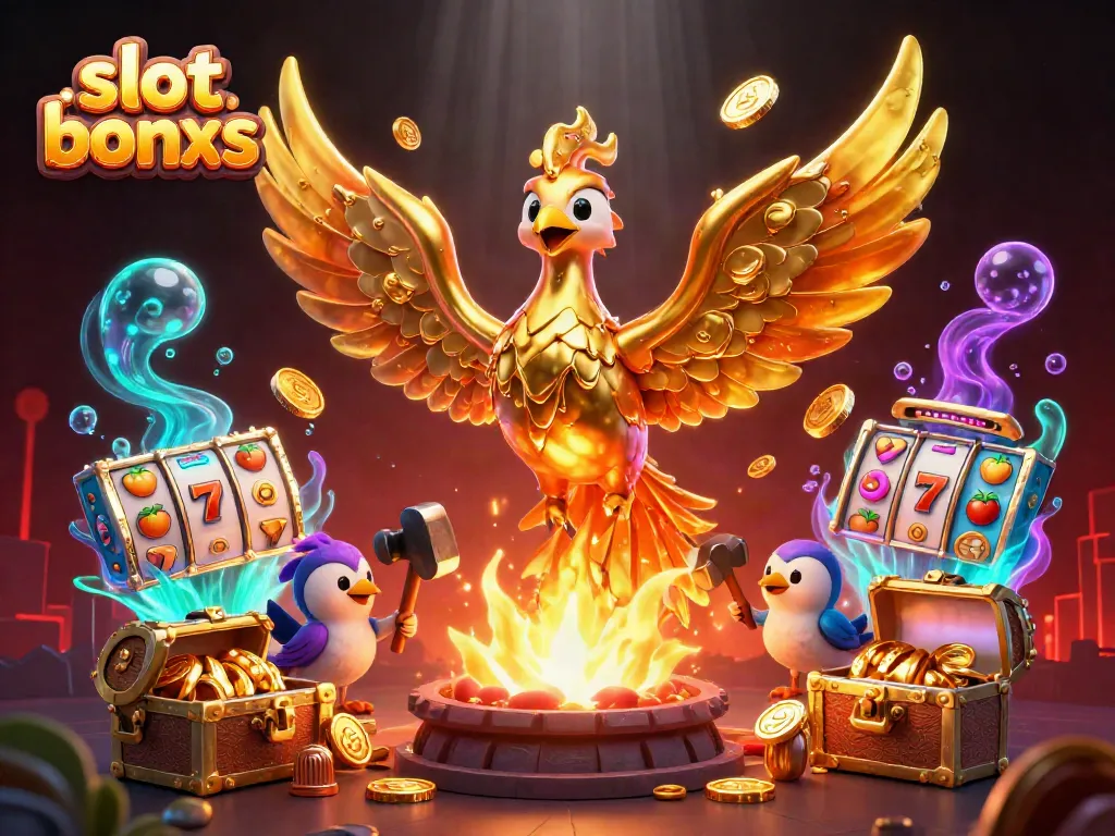 Experience the thrill of slot bonuses with a molten golden phoenix and vibrant casino elements.