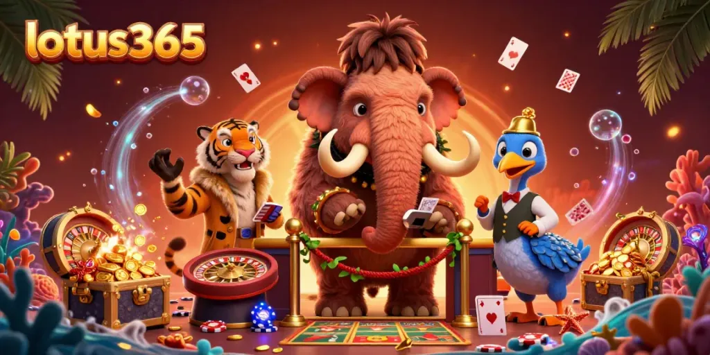 Experience the excitement of betting with lotus365 in this vibrant casino scene featuring cartoon characters and dynamic gaming elements.
