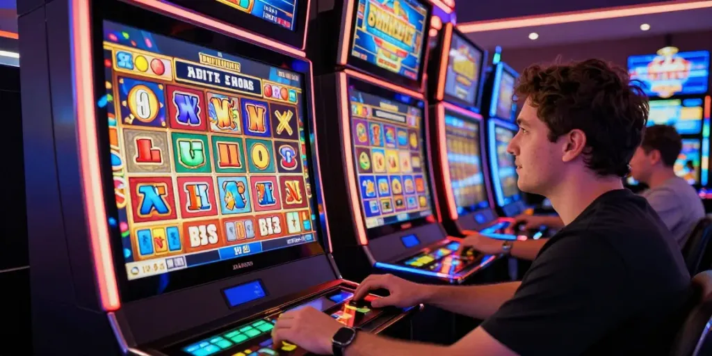 Excited player enjoying slot games on a touchscreen device with vibrant symbols.
