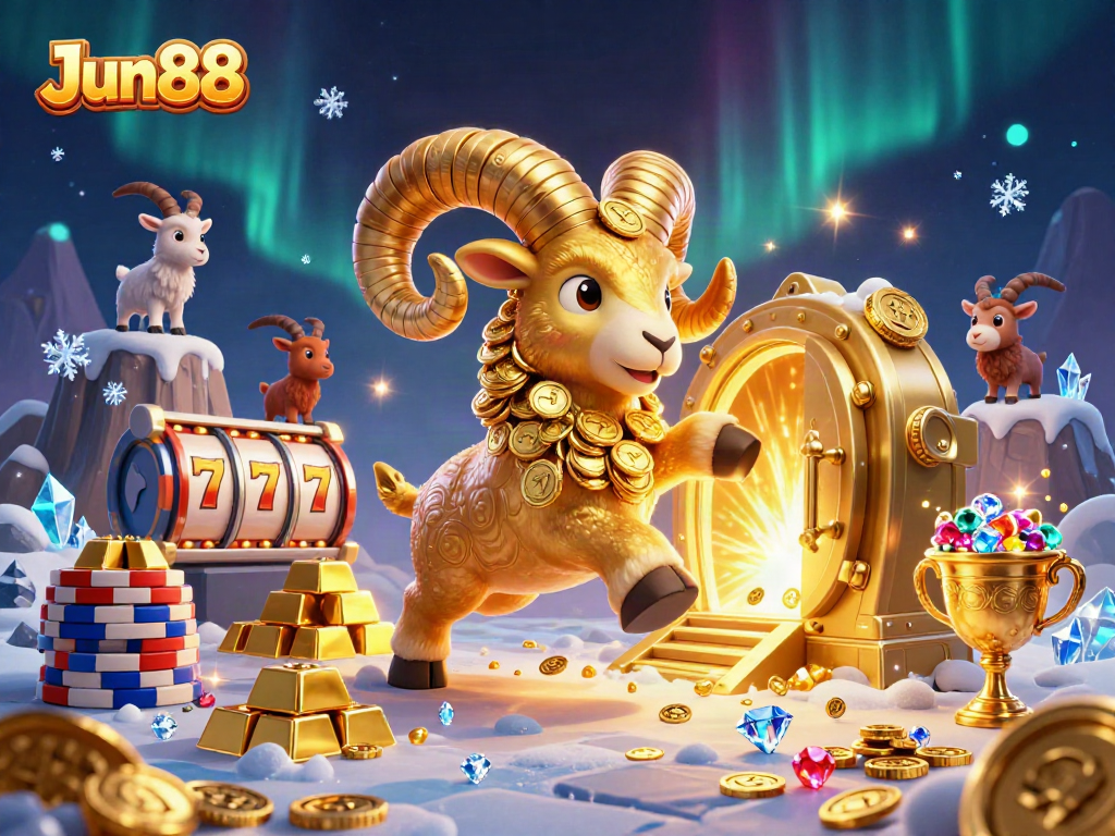 Experience thrilling wins with Jun88's vibrant 3D casino illustration featuring golden treasures and a charging ram.