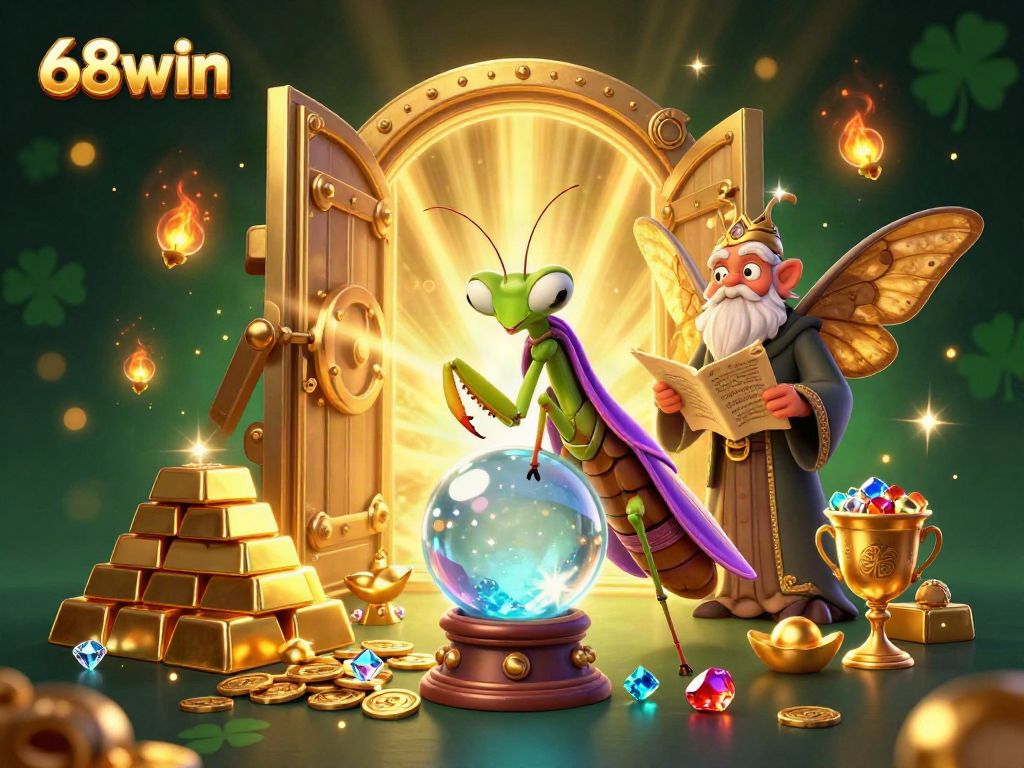 Experience casino excitement with 68win in this vibrant 3D illustration of fortune tellers and treasures.