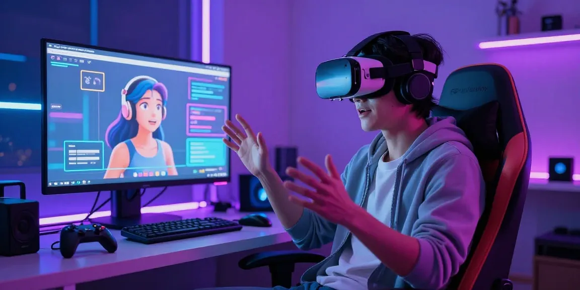 Dynamic scene showing a user interacting with NSFW AI in a VR setup, highlighting futuristic technology and vibrant visuals.