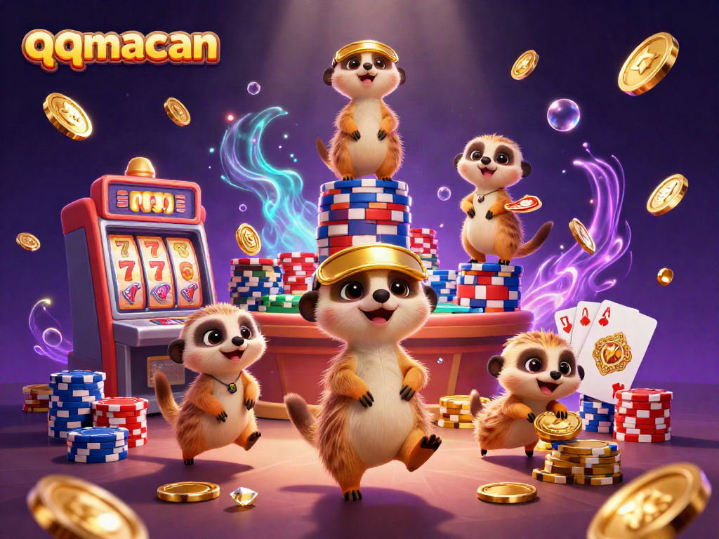 Engage in thrilling gameplay at qqmacan's vibrant casino illustration featuring enchanting meerkats.