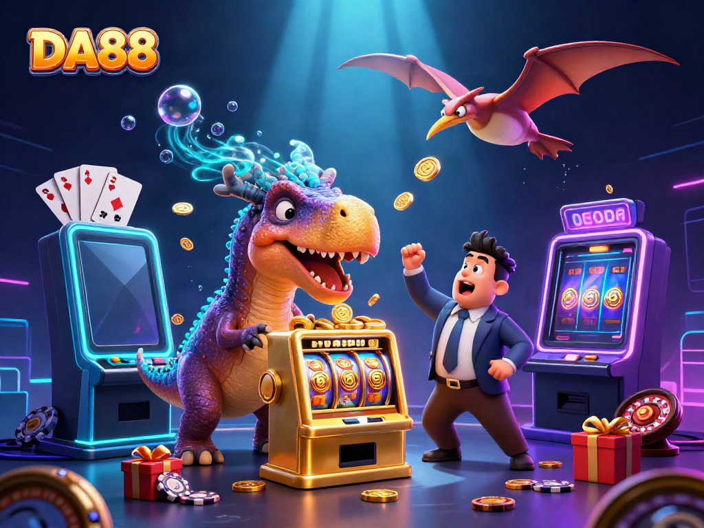 DA88 jackpot coins erupt as a pachycephalosaurus hits a golden slot machine in a vibrant casino scene.
