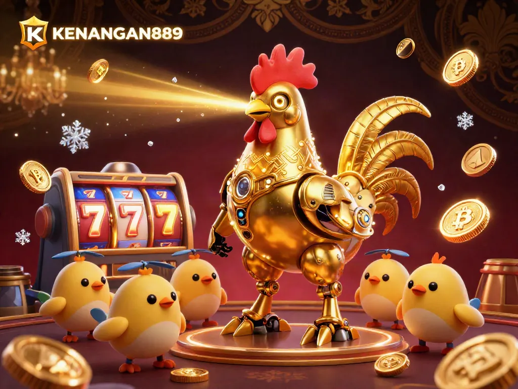 Experience thrilling gameplay with KENANGAN889 as golden rooster robot shoots lasers in a vibrant casino scene.