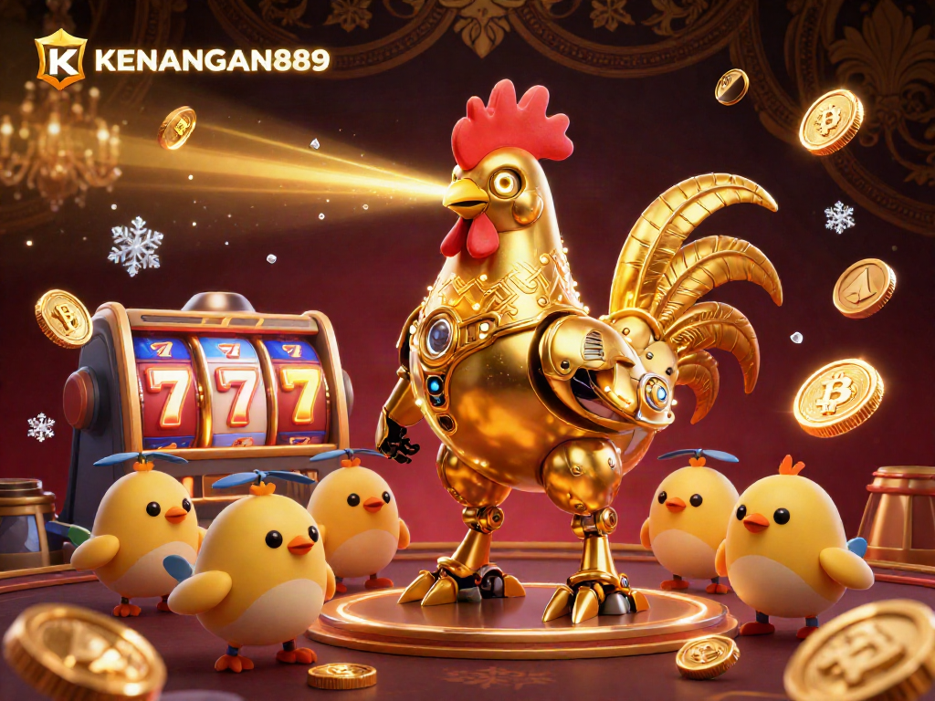 Experience thrilling gameplay with KENANGAN889 as golden rooster robot shoots lasers in a vibrant casino scene.