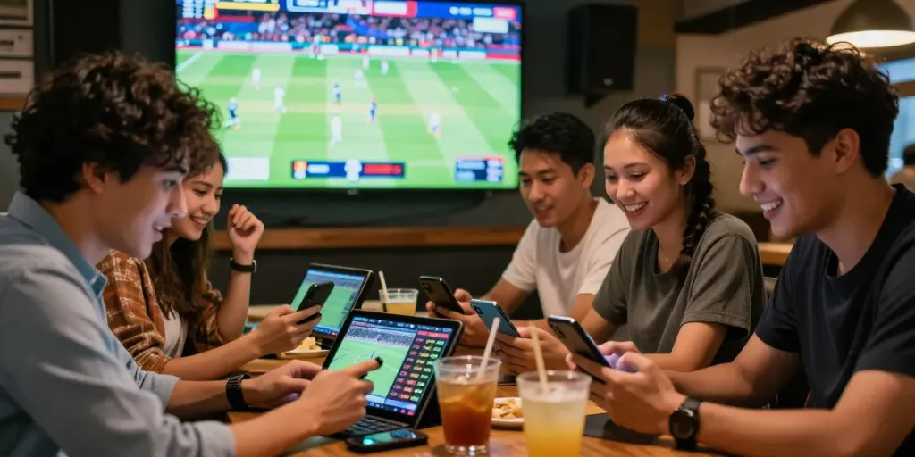 Exciting sports betting experience on Lotus365 with friends enjoying cricket and football.
