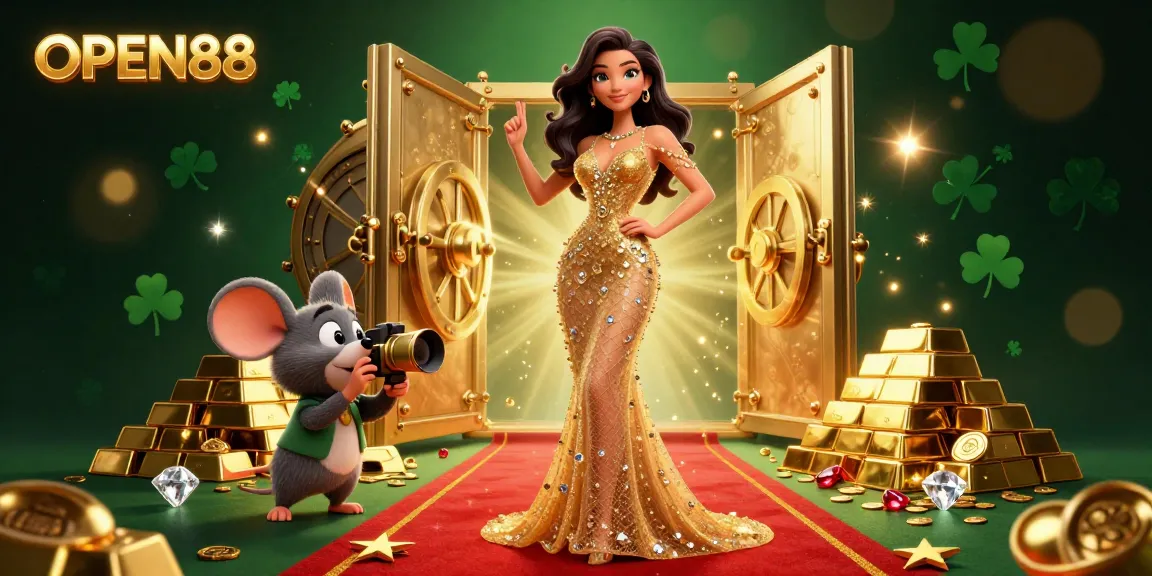 Bet on OPEN88 with this glamorous illustration showcasing rich casino elements and a stylish figure.
