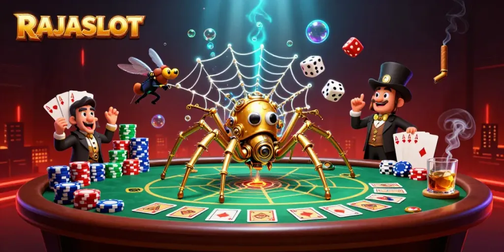 RAJASLOT menghadirkan ilustrasi 3D mengesankan dengan karakter arachnid dan elemen kasino yang berfungsi sebagai daya tarik.