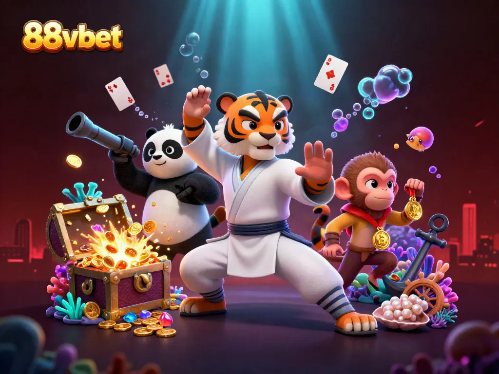 Experience the vibrant action at 88vbet with a lively 3D scene featuring our heroic characters and casino elements.