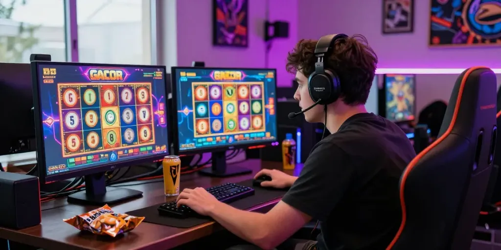 Player enjoying slot gacor gaming with lively graphics and neon lights in a modern setup.