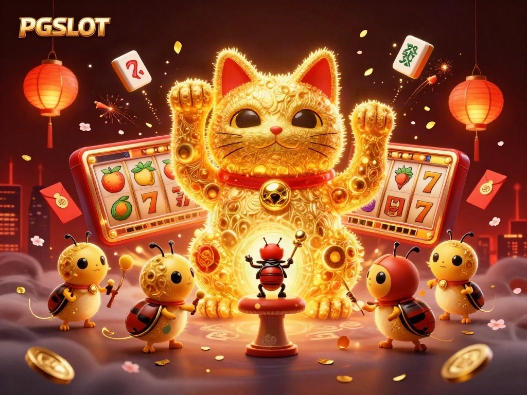Experience the excitement of PG SLOT with a dynamic illustration of a lucky cat and vibrant casino symbols.
