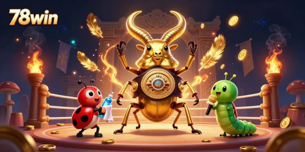 Engaging scene with 78win's golden stag beetle surrounded by casino elements, capturing the thrill of gaming.