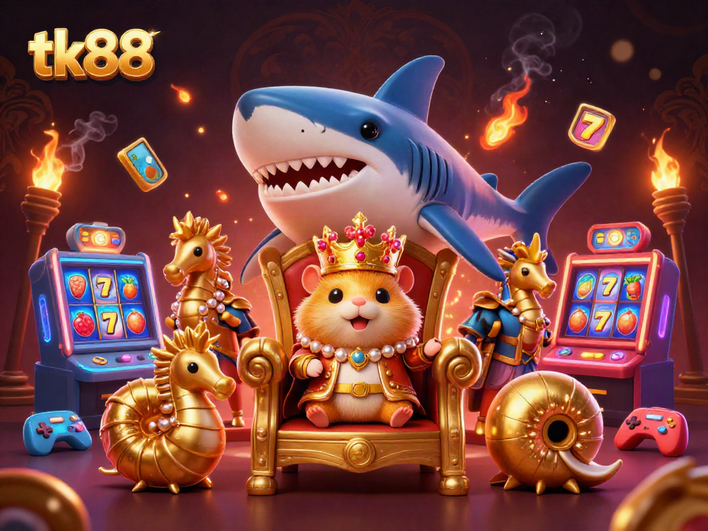 Experience the thrilling vibe of tk88 with a unique cartoon motif featuring a hamster king amidst vibrant slot machines and colorful casino elements.