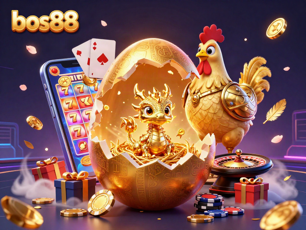 Visualisasikan bos88 dengan telur emas raksasa dan naga emas di tengah chip poker.
