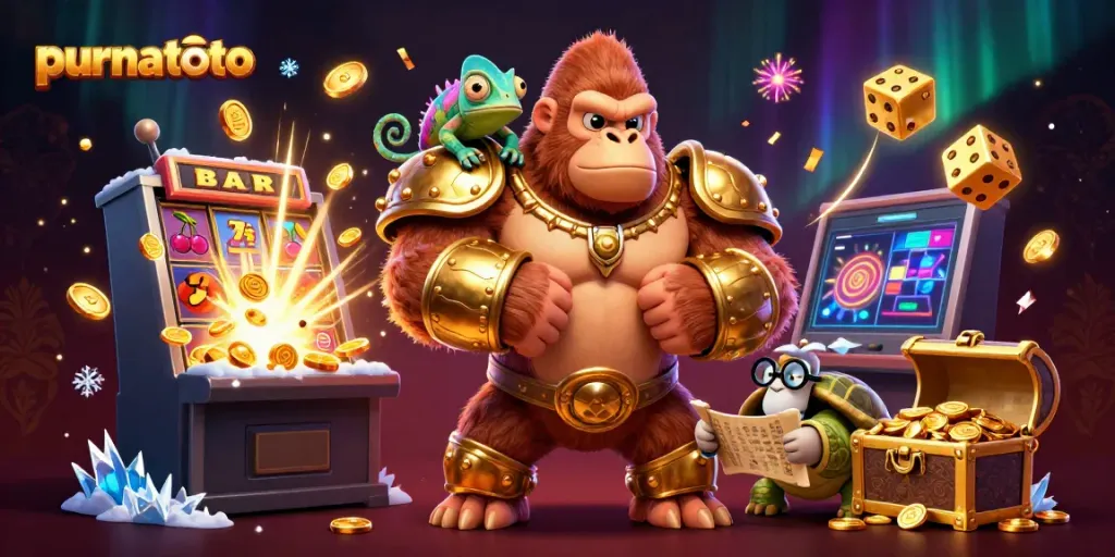 Gorila dan chameleon dalam slot purnatoto dengan jackpot, simbol keberuntungan, dan efek kembang api.