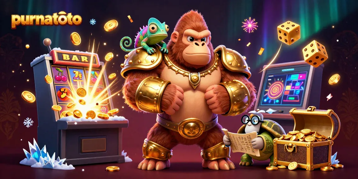 Gorila dan chameleon dalam slot purnatoto dengan jackpot, simbol keberuntungan, dan efek kembang api.