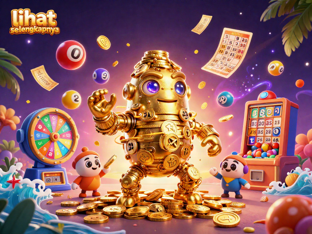 lihat selengkapnya menampilkan ilustrasi kartun 3D golem emas dan elemen slot menarik di latar belakang kasino