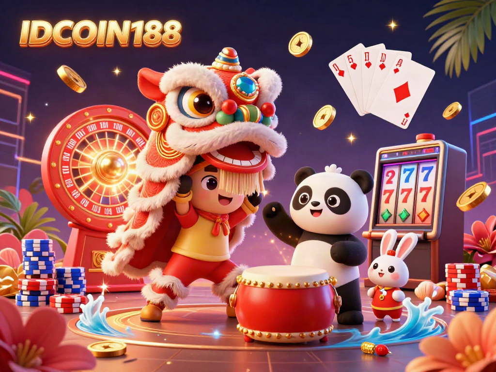 IDCOIN188 elevates your gaming journey with vibrant characters dancing amidst sparkling casino elements.