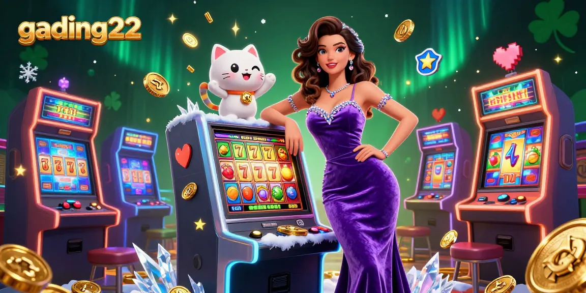 Experience the thrill at gading22 with a vibrant 3D illustration of jackpots, gaming machines, and celebratory elements.