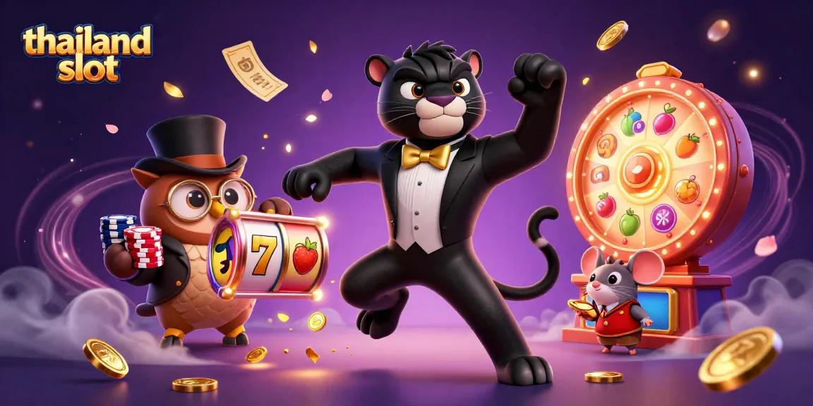 Engage with thailand slot action showcasing a panther spinning slot reels amid colorful game elements.