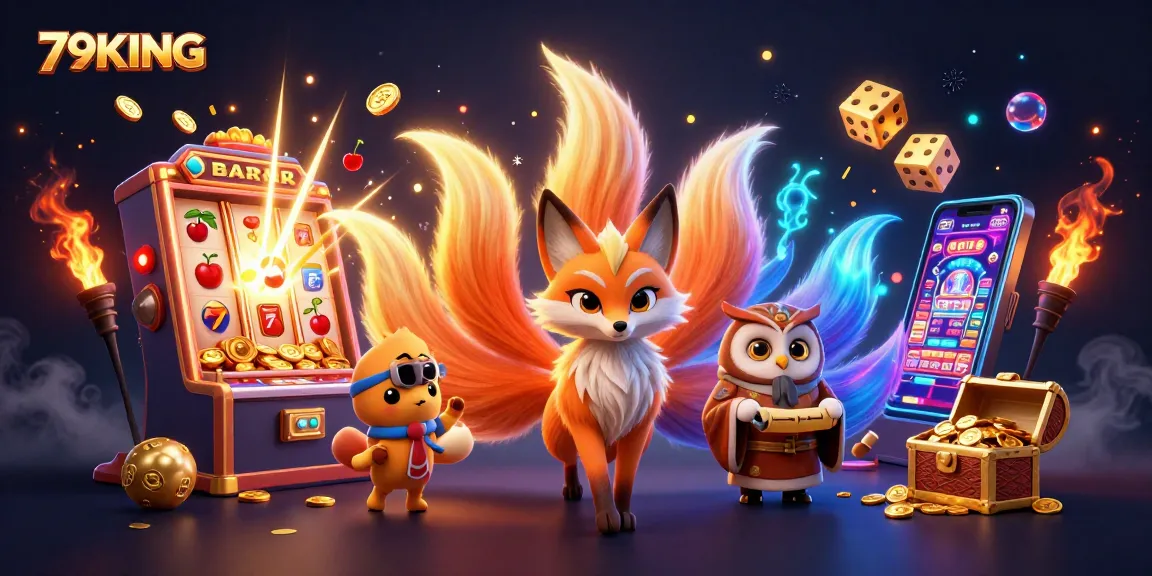 Experience the thrilling world of 79KING's casino with a vibrant 3D illustration showcasing exciting games, jackpots, and magical elements.