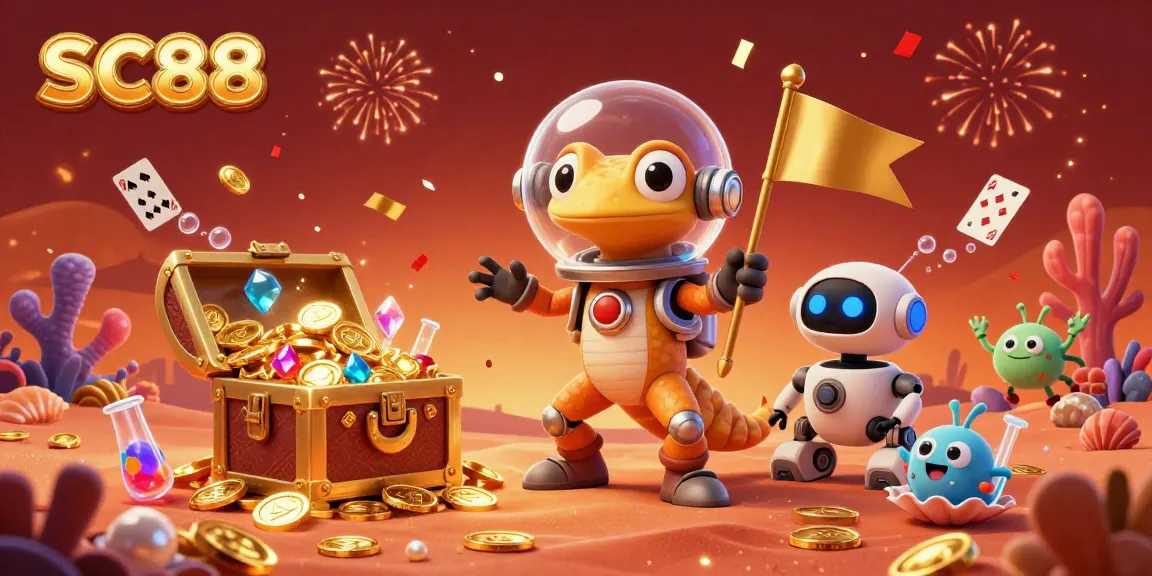 Experience SC88's vibrant casino adventure with a Martian gecko and golden treasures!