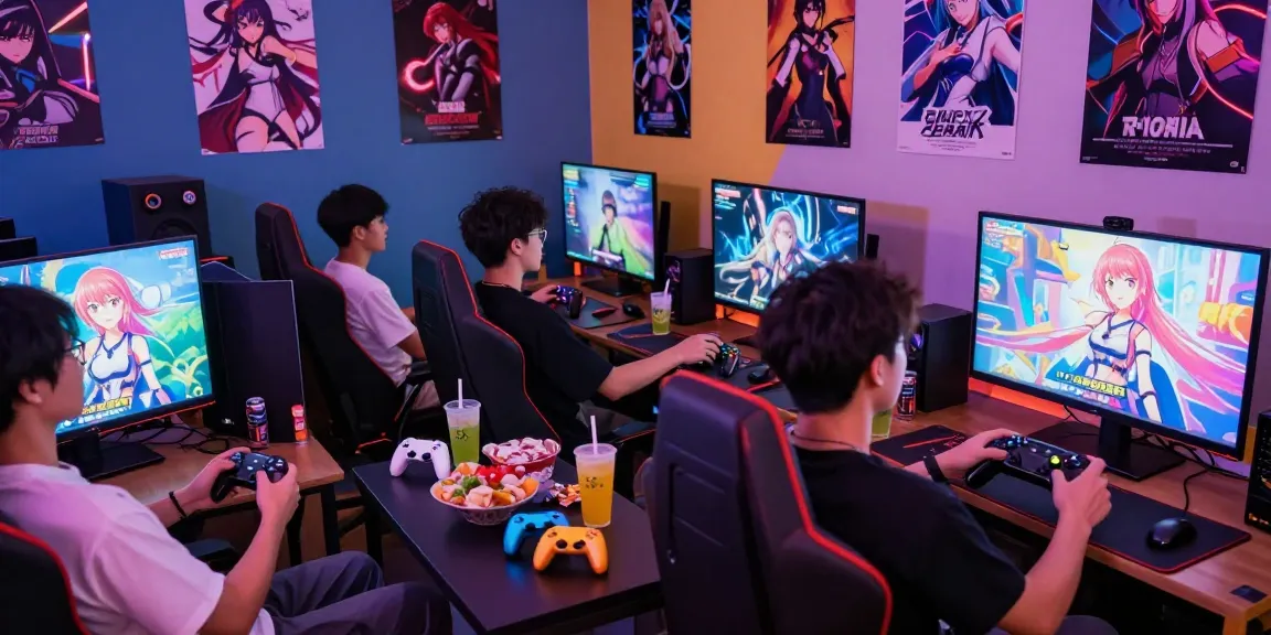 Players engaging with exciting hentai games in a lively gaming lounge atmosphere, surrounded by colorful decor and snacks.