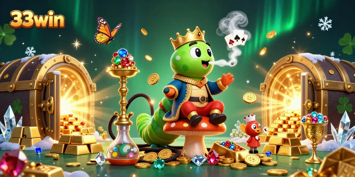 Engage with poker hand symbols in a vibrant 33win casino scene, featuring elaborate elements of riches.