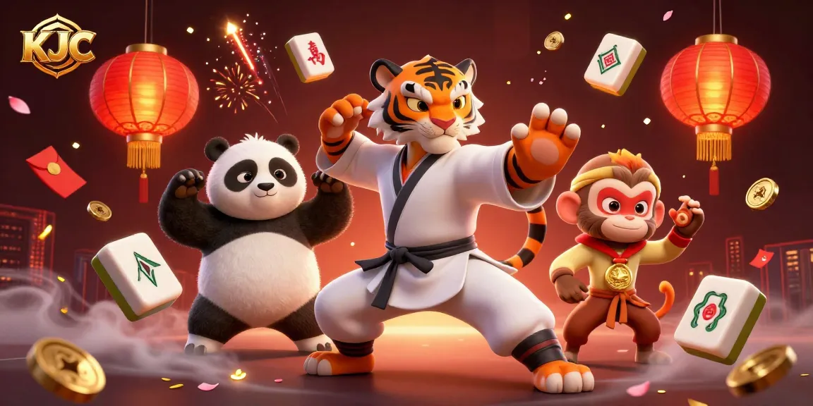 KJC players engage in a vibrant casino scene with kung fu masters and lucky symbols enhancing their gaming experience.