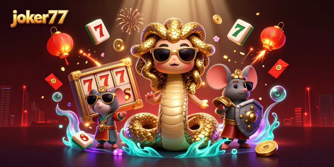 Play exciting slot games with joker77 in a vibrant, festive casino scene.