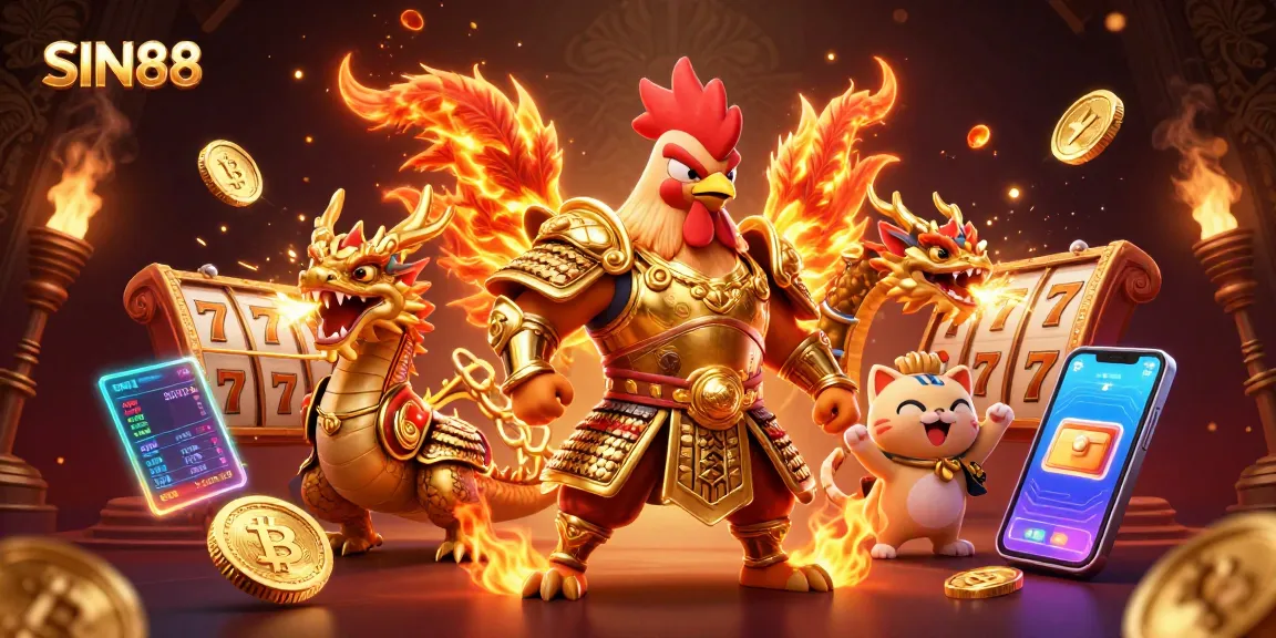 SIN88 fights for jackpots with a spectacular rooster and dragon mascot in a vibrant casino setting